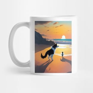 child playing with a dog on the beach. Mug